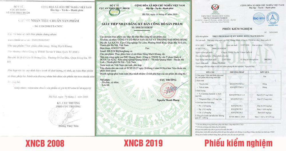 Giấy cấp phép và phiếu kiểm nghiệm của sản phẩm Hồng Mạch Khang