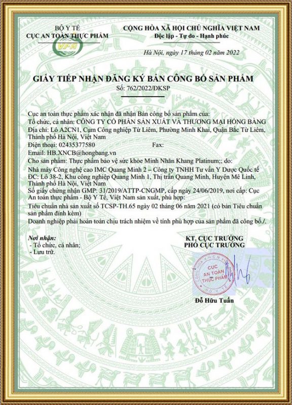 Giấy xác nhận công bố của Minh Nhãn Khang Platinum được cục ATTP - Bộ Y tế cấp